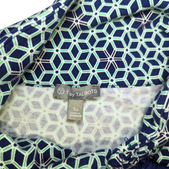 Talbots Small Long Sleeve Turtleneck Stretch Cotton Blue Green Geometric Print - Picture 8 of 11